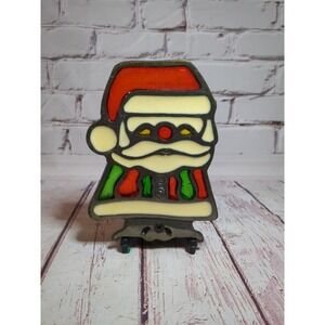 Santa Holiday‎ Cast Iron Stained Glass Votive/Tealight Candle Holder. VTG